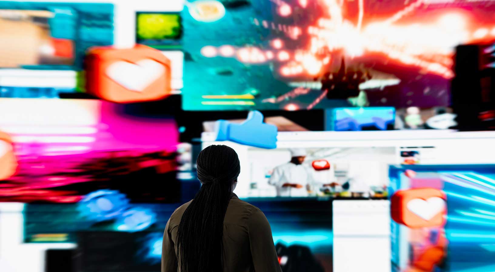 woman uses digital videowall stream videos modern digital environmentperson